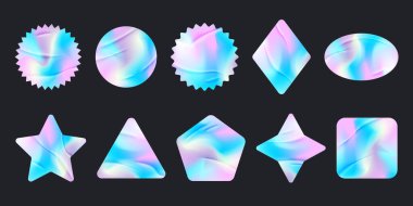 Holografik çıkartmalar. Kademeli folyo şekilleri. Karanlık arka planda vektör neon yanardöner amblemleri. Kalp yıldızı ve daire şeklinde simgeler. Y2k sembolleri