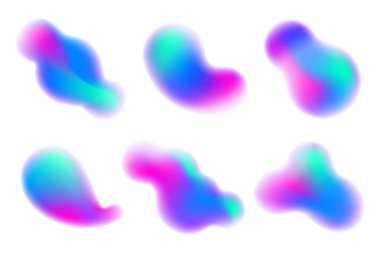 Beyaz arkaplanda bulanık şekiller var. Renkli sıvı elementler. Mavi ve pembe yumuşak vektör damlaları. Holografik ayrışma noktaları. Auralı canlı organik figürler..