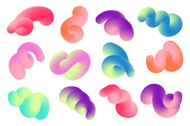 Üç boyutlu soyut eğim şekilleri. Renkli sıvı dalgalı çizgiler. Beyaz arka planda parlak harmanlanmış holografik borular. Döner modern dinamik vuruşlar. Vektör eğilimli canlı elementler