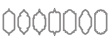 Ramazan çerçevesi şekilleri. Pencere Arap yayı ana hatları elementleri. Türk aksesuarlı kapı tasarımı. Müslüman doğulu çıkartma şablonu. Pankart ve rozet için geleneksel dekorasyon