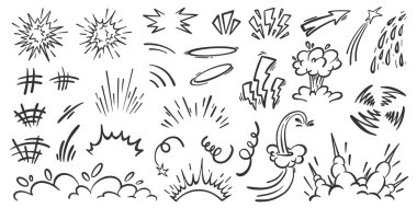 Komik efektler. Çizgi film hız çizgileri elementleri. El çizimi vektör hareketi grafiği. Anime ve manga çizimleri. Aksiyon patlayıcı baloncuklar su sıçratır ve sevimli şekiller.