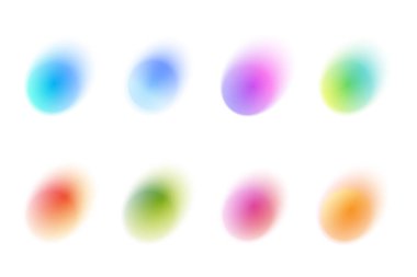 Beyaz zemin üzerinde ışık bulanıklığı olan soyut gradyan renk şekilleri. Yumuşak parıltılı suluboya mermiler. Akışkan etki ve sıvı dokuya sahip vektör dairesi kabarcıkları