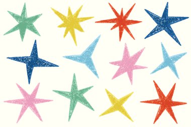 Pastel boya desenli yıldızlar. Tebeşir ve pastel kalem vektör el çizimi şekilleri. Çocuk çizimleri gibi kolaj için eskiz öğeleri. Sevimli parıltılar karala