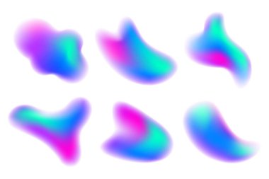 Beyaz arkaplanda izole edilmiş bulanık şekiller. Renkli sıvı elementler. Mavi ve pembe yumuşak damlalar. Holografik ayrışma vektör noktaları. Auralı canlı organik figürler..