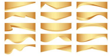 Sancak tasarımı için dalgalı vektör şekilleri. Soyut altın elementler. Web sayfası şablonu için kenarlık ve başlık eğrisi. Sertifika için lüks taban ve ayırıcı dekorasyonu