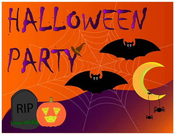 Halloween Banner Mit Orangefarbenem Kürbis Und Kessel Flache Illustration Vollmondnacht — Stockfoto