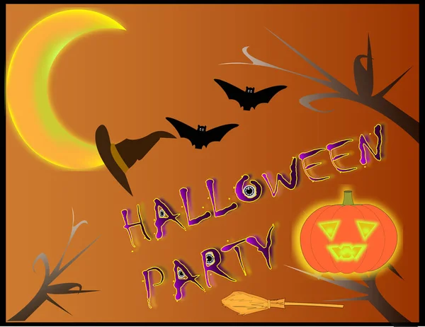 Banner Halloween Con Calabaza Naranja Caldero Ilustración Plana Noche Luna —  Fotos de Stock