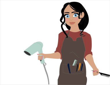 Güzel bir kuaför kız elinde bir saç kurutma makinesi ve tarak tutuyor. Koruyucu maskeli sevimli kadın kuaför. Kadın kuaför çizgi film karakteri.
