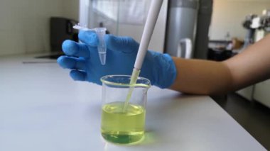 Laboratuar teknisyeni, epandorf 'ta sarı solüsyonu karıştırmak için elektronik pipet kullanıyor. Araştırmacı ve laboratuar kavramları.