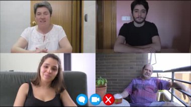 Aile video ekranı videosu. Konferans uygulaması arayüzü. Dört kişi..