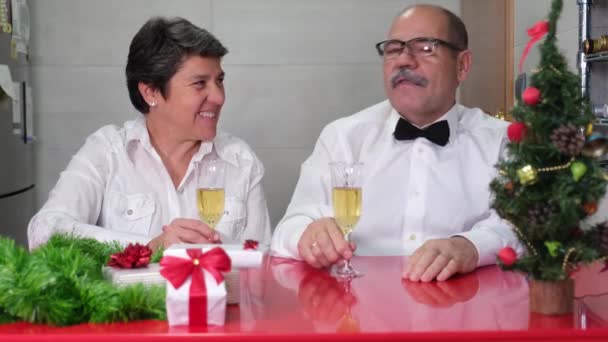 Starsza Para Świętująca Boże Narodzenie Migocząc Kieliszkami Szampana Uśmiechając Się — Wideo stockowe