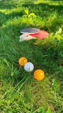 Masa tenisi raketleri ve toplar yeşil çimlerin üzerinde, açık hava eğlencesi.