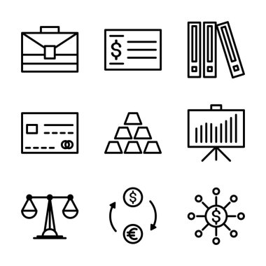 ofis iş simgesi seti: işletme, bavul, çek, ödeme, geçmiş, dosyalar, kredi, ödeme, iş, altın, finans, grafik, rapor, denge, ölçek, takas, para, banka, bankacılık, iş