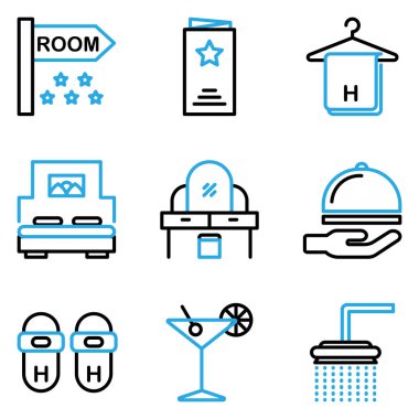 Otel simgesi seti, oda, otel, tabela, tabela, tabela, menü, servis, yemek, havlu, askı, banyo havlusu, yatak, uyku, daire, masa, mobilya, şifonyer, dağıtım, destek, terlik