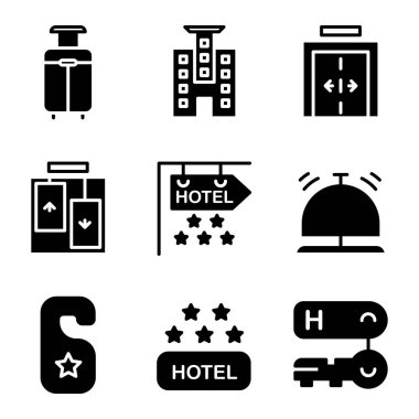 Otel ikonu seti bavul, bavul, çanta, seyahat, otel, daire, oda, konaklama, asansör, tabela, yıldızlar, zil, masa zili, resepsiyonist, kapı kolu, tabela, otel derecesi, derecelendirme, beş yıldız, anahtar otel, anahtar oteli,