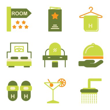 Otel simgesi seti, oda, otel, tabela, tabela, tabela, menü, servis, yemek, havlu, askı, banyo havlusu, yatak, uyku, daire, masa, mobilya, şifonyer, dağıtım, destek, terlik