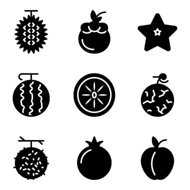Meyve ikonu seti meyve, yiyecek, sağlıklı gıda, durian, mango, STARFRUIT, WATERMELON, KIWI, kavun, rambutan, nar, şeftali
