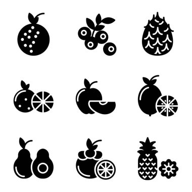 Meyve ikonu seti; meyve, yiyecek, sağlıklı yiyecek, liçi, böğürtlen, ejderha meyvesi, portakal, elma, limon, avokado, mango, ananas, durian