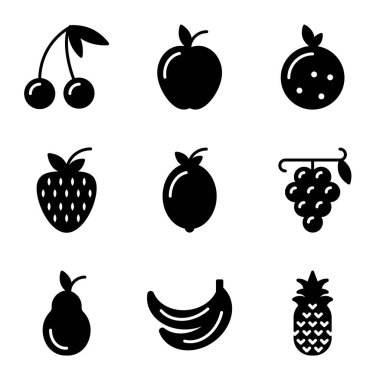 Meyve ikonu seti; meyve, kiraz, yiyecek, sağlıklı yiyecek, elma, portakal, çilek, limon, şarap, üzüm, avokado, muz, ananas