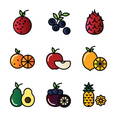 Meyve ikonu seti; meyve, yiyecek, sağlıklı yiyecek, liçi, böğürtlen, ejderha meyvesi, portakal, elma, limon, avokado, mango, ananas, durian