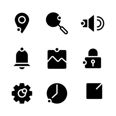 Kullanıcı arayüzü simgesi konum, pin, yön, harita, bul, ara, büyüteç, ui, ses, ses, ses, ses, zil, uyarı, görüntü, resim, çerçeve, kilit, güvenlik, güvenlik, seçenekler