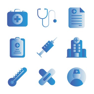 Sıhhiye simgesi seti ilk olarak yardım, kit, sağlık, doktor, sıhhiye, tıbbi, steteskop, reçete, sağlıklı, şırınga, hastane, bina, termometre, alçı, hemşire, kullanıcı