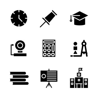 Eğitim simgesi seti saat, okul, zaman, saat, eklenti, pin, itme, kapsül, mezun, havan topu, eğitim, çan, gürültü, bildirim, halka, hesap makinesi, matematik, pusula, çizim, kitap, kitap, kütüphane, çalışma, sunum, beyaz tahta, karatahta,