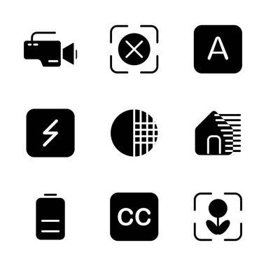 Fotoğraf düzenleyici simgesi seti kamera, aygıt, video, kayıt, odaklanma, hiçbiri, otomatik, isteğe bağlı, flash, seçenek, gölge, karşıtlıklar, fotoğraf filtresi, pil, şarj, güç, çözünürlük, makro