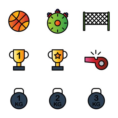 Spor ikonu set taslak biçimi: top, basketbol, oyun, spor, zamanlayıcı, saat, hız, ekipman, tenis, saha, ödül, kupa, koç, hakem, ıslık, vücut geliştirme, spor salonu, spor salonu