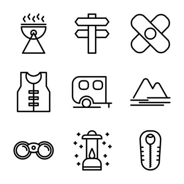 Kamp ikonu ana hatları: barbekü, kamp, yemek pişirme, hayatta kalma, yol işareti, macera, can yeleği, karavan, dağ, manzara, dürbün, yürüyüş, kamp, fener, lamba, uyku tulumu, ekipman