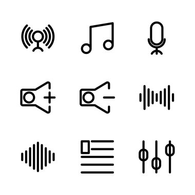Müzik ve multimedya simge kümesi ana hatları arasında çember, müzik, başlangıç, oyun, sinyal, faz, bağlantı, ton, ton, ritim, konuşma, mikrofon, ses, ses, ses, ses, ses, kısım, dalga, dalga
