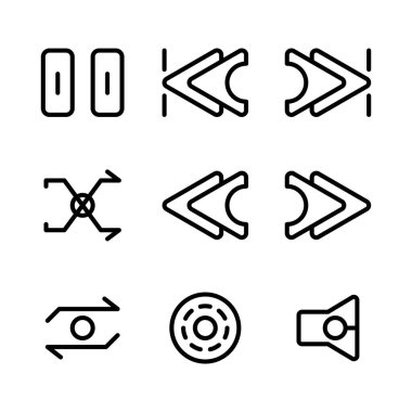 Müzik ve çokluortam simgesi setinin ana hatları arasında duraklat, atla, ileri, geri, geri atla, salla, karıştır, yeniden yükle, geri sar, ses oynatıcı, tekrarla, ileri, hızlı, disk, disk