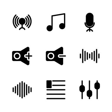 Müzik ve multimedya simgesi seti glifleri daire, müzik, başlangıç, oyun, sinyal, faz, bağlantı, ton, ton, ritim, konuşma, mikrofon, ses, ses, ses, ses, kısım, dalga, dalga