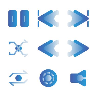 Müzik ve çokluortam simgesi setinin ana hatları arasında duraklat, atla, ileri, geri, geri atla, salla, karıştır, yeniden yükle, geri sar, ses oynatıcı, tekrarla, ileri, hızlı, disk, disk