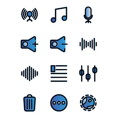 Müzik ve multimedya simge kümesi ana hatları arasında çember, müzik, başlangıç, oyun, sinyal, faz, bağlantı, ton, ton, ritim, konuşma, mikrofon, ses, ses, ses, ses, ses, kısım, dalga, dalga