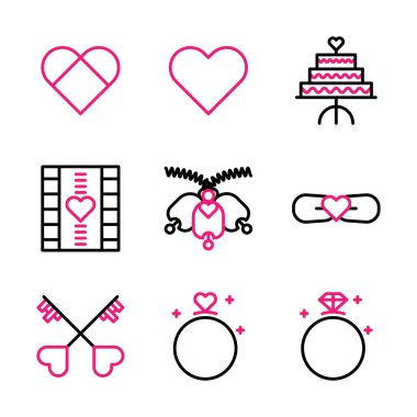 Temel vektör düğün simgesi aşk, pasta, film, çan, kravat, yüzük