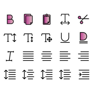 Metin simgesi seti: metin, kalın, düzenleme, tasarım, belge, kopyalama, yapıştırma, yatay, düzenleyici, kesme, makas, dikey, hareket, ok, altı çizili, italik, yazı tipi, meşrulaştırma, merkez, hizalama, sol, sağ, boşluk, artış,
