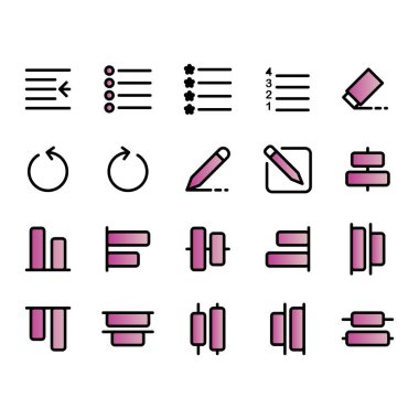 Metin simgesi seti: indent, bullet, numbering, list, silgi, undo, pen, draw, comose, write, bottom, distribute, top, select, editorial, hizalama,