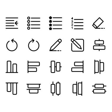 Metin simgesi seti: indent, bullet, numbering, list, silgi, undo, pen, draw, comose, write, bottom, distribute, top, select, editorial, hizalama,