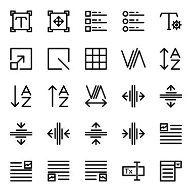Metin simgesi seti düzenleme, ölçek, görev, ızgara, iyi, kutu, kerning, ayar, alfabe, sıralama, izleme, biçim, düzen, resim, form girdisi, form oluşturucu, aşağı düşür