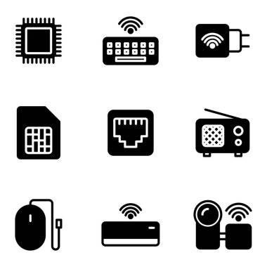 Elektronik Aygıt simgesi seti işlemci, klavye, şarj cihazı, hafıza kartı, kablo, radyo, fare, klima, kamera içerir