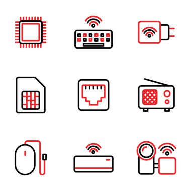 Elektronik Aygıt simgesi seti işlemci, klavye, şarj cihazı, hafıza kartı, kablo, radyo, fare, klima, kamera içerir