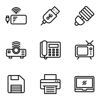 Elektronik Aygıt simgesi seti elektrik bankası, port, lamba, projektör, telefon, televizyon, disket, yazıcı, dizüstü bilgisayar içerir