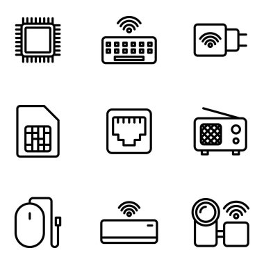 Elektronik Aygıt simgesi seti işlemci, klavye, şarj cihazı, hafıza kartı, kablo, radyo, fare, klima, kamera içerir