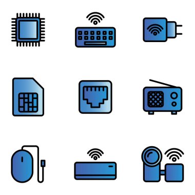 Elektronik Aygıt simgesi seti işlemci, klavye, şarj cihazı, hafıza kartı, kablo, radyo, fare, klima, kamera içerir