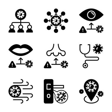 Corona virüs simgesi seti arasında virüs, sosyal uzaklık, tüp, enfeksiyon, göz, burun, kapı, iğne