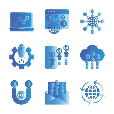 Pazarlama dijital simgesi seti reklam, tanıtım, dünya, vites, telefon, bulut, mıknatıs, posta