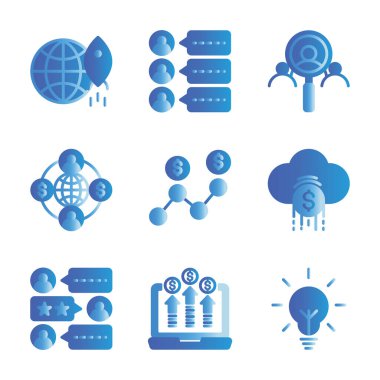 Pazarlama dijital simgesi seti roket, alıcı deneyimi, bul, bul, bağlantı, trafik, bulut, mesaj, dizüstü bilgisayar, lamba