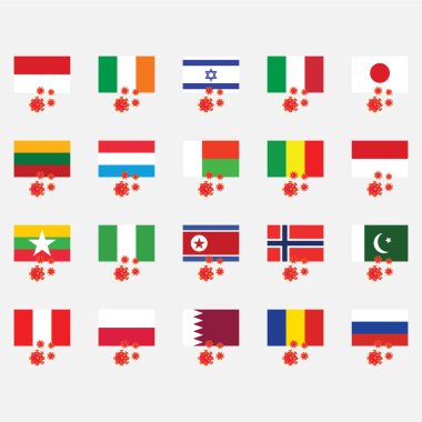 Flag corona virüs ikonu Endonezya, İrlanda, İsrail, İtalya, Japonya, Litvanya, Lüksemburg, madagaskar, mali, monako, Myanmar, Nijerya, Kuzey Kore, Norveç, Pakistan, Peru, Polonya, Katar, Romanya, Rusya
