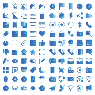 Kullanıcı arayüzü simgesi seti: alarm, kontrol noktası, yer imi, yer imi, pusula, bulut, alarm, podcast, paylaşım, video, döndürme, oklar, yeniden başlat, mavi diş, çağrı, asma kilit, posta, kamera, büyütme, katman, sinyal, web kamerası,